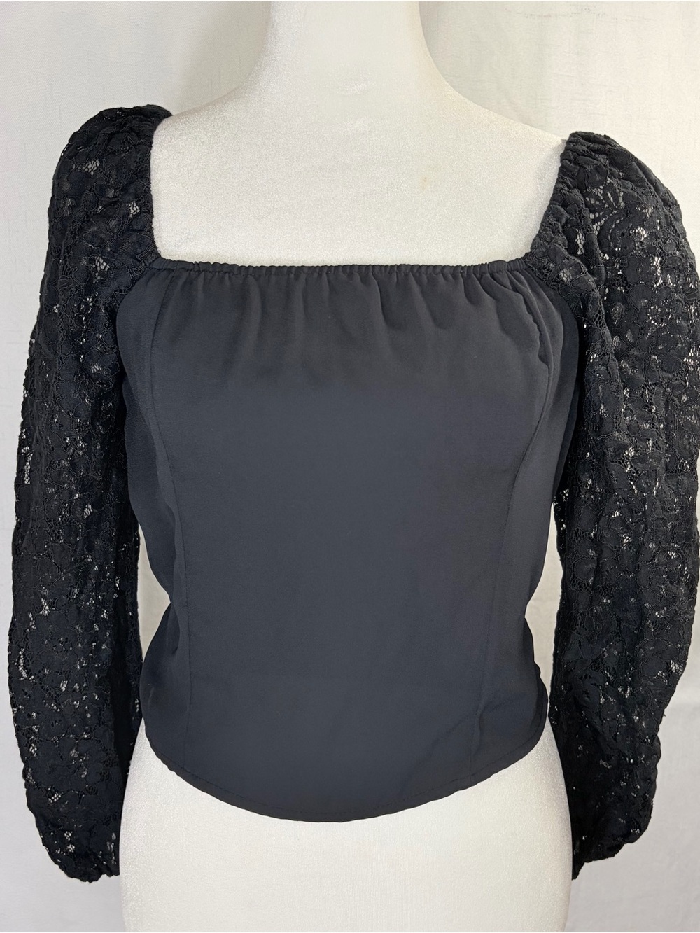 Abercrombie & Fitch BLK Top Puff Lace Long Sleeve Ruching Back Square Neck Sz Sm